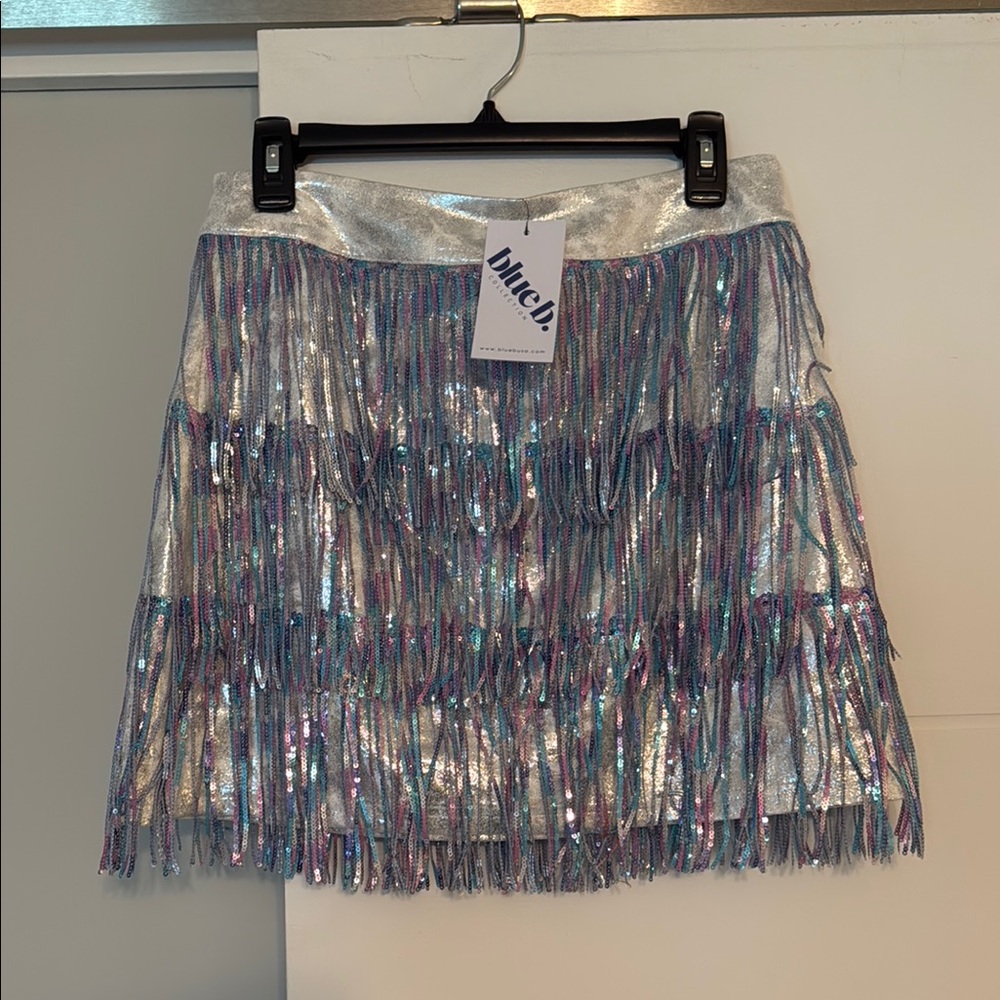 INC International Concepts Sequin Ruffled Mini Skirt Blue Pink